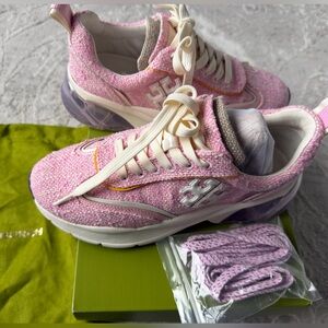 Tory Burch good luck trainer  Pink Tweed Platform Sneakers shoes -7 NIB